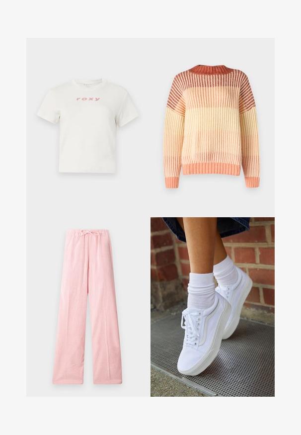 Rip Curl SOLEIL - Trui - burnt red; Witte katoenen t-shirt met korte mouwen en een ronde hals, met een roze logo "roxy" gedrukt op de voorkant. Regular fit ontwerp.; Lichtroze wijde broek van zacht stof, met een elastische tailleband en een trekkoord voor een verstelbare pasvorm en subtiele textuur.; Witte canvas sneakers met rubberen zolen, voorzien van zes vetertjes, een ronde neus en lichte stikdetails, gecombineerd met witte enkelsokken.