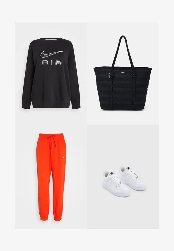 Sudadera negra con cuello redondo, mangas largas y el logo de Nike en blanco con un swoosh sobre la palabra "AIR" en letras en negrita.; Nike Sportswear W PHNX FLC HR OS - Pantalones deportivos - picante red/sail; Zapatillas Nike Air Force 1 blancas con una parte superior de cuero suave, puntera perforada, cordones blancos y un logotipo negro en la lengüeta.; Bolso tote de nailon negro con diseño de cintas horizontales, asas dobles y dos acentos decorativos de hardware. Pequeño logotipo en la parte frontal.