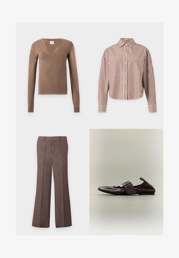 Pull marron à manches longues avec col en V, poignets côtelés et petite étiquette cousue à l'encolure.; Chemise à manches longues boutonnée avec rayures verticales marron et blanches, col et poche poitrine sur fond uni.; Pantalon marron taille haute à jambes larges, avec plis à l'avant, passants pour ceinture et tissu texturé.; Chaussure plate en cuir marron foncé avec une grande boucle argentée et des détails élastiques froncés, vue de côté sur un fond neutre.