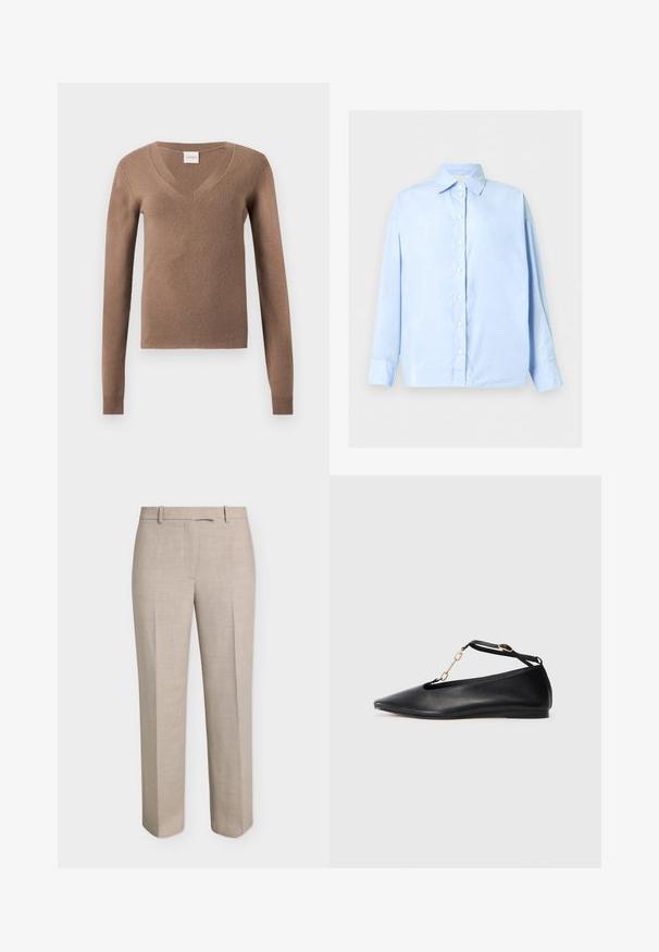 Pull marron à manches longues avec col en V, poignets côtelés et petite étiquette cousue à l'encolure.; Chemise bleu clair à manches longues avec col pointu et poignets à un bouton, présentée à plat sur un fond blanc.; Pantalon beige droit sur mesure avec passants de ceinture, fermeture éclair devant et pli marqué sur fond blanc.; Ballerines noires en cuir avec un bout pointu, un design découpé, une bride à la cheville et un accent en chaîne dorée. Texture lisse, talon minimal.