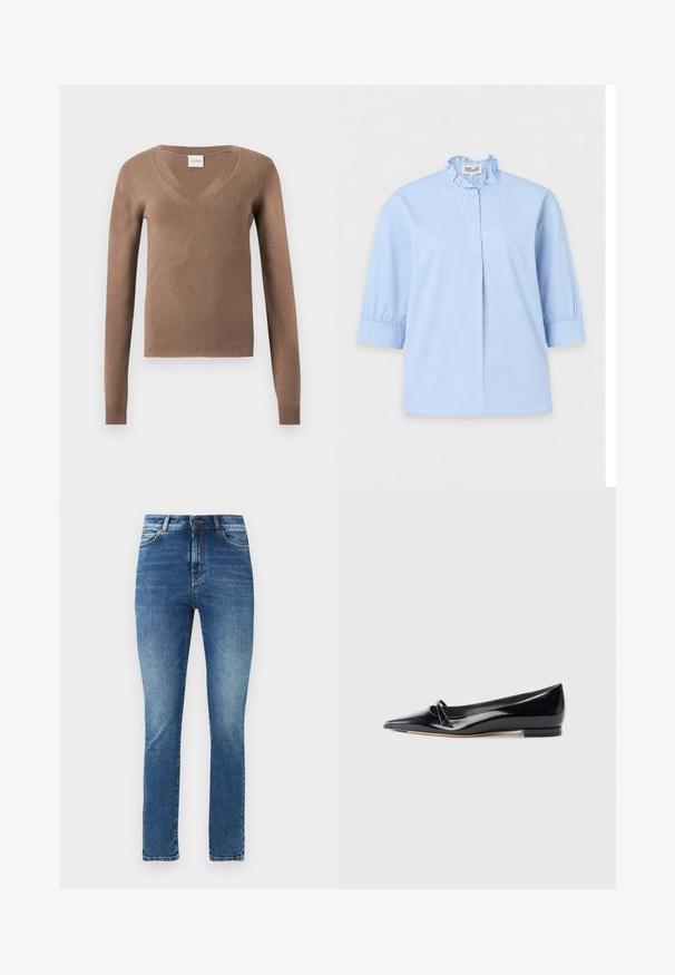 Pull marron à manches longues avec col en V, poignets côtelés et petite étiquette cousue à l'encolure.; Blouse bleu clair à manches trois quarts, col montant à volants et patte de boutonnage devant sur fond uni.; Jean bleu taille haute à coupe slim avec poches avant, passants pour ceinture, fermeture par bouton, et légère décoloration sur les cuisses et les genoux.; Chaussure plate en cuir verni noir avec un bout pointu, une petite lanière décorative et un petit talon carré. Texture lisse et design épuré.