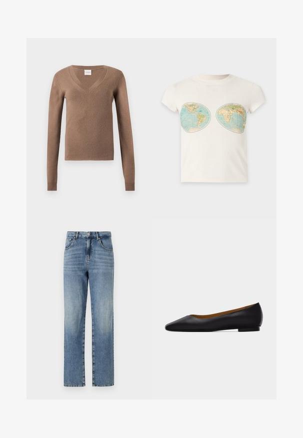 Brauner Pullover mit V-Ausschnitt und langen Ärmeln, mit gerippten Bündchen und einem kleinen eingenähten Etikett am Halsausschnitt.; Weißes T-Shirt mit kurzen Ärmeln und zwei Vintage-Weltkarten-Prints im Brustbereich.; Hellblaue Jeans aus Denim mit geradem Bein, fünf Taschen, Knopf- und Reißverschluss und minimaler Ausbleichung des Stoffes.; Schwarzer flacher Schuh aus Leder mit spitz zulaufender Vorderkappe, niedrigem Absatz und glatter Oberfläche, von der Seite vor einem hellgrauen Hintergrund dargestellt.