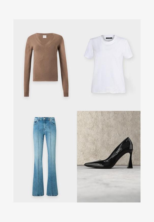 Pull marron à manches longues avec col en V, poignets côtelés et petite étiquette cousue à l'encolure.; T-shirt blanc à manches courtes avec col rond et une décoration subtile en perles près de l'ourlet inférieur sur un fond uni.; Jeans en denim bleu clair taille haute avec des détails de couture à l'avant, des poches avant, des passants pour ceinture et des jambes évasées sur fond blanc.; Escarpin en cuir verni noir avec un bout pointu et un talon aiguille courbé et anguleux, suspendu au-dessus d'un sol lisse et de couleur claire.
