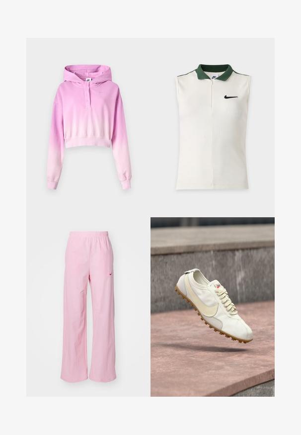 Ružovo-biely ombré krátky pulóver s kapucňou, dlhé rukávy, zapínanie na gombíky, logo Nike a pripevnená kapucňa.; Biely bezrukávnik Nike s rebrovanou textúrou, tmavozeleným golierom, polovičným zipsom a čiernym logom Nike na hrudi.; Ružové elastické nohavice s uvoľneným strihom. Obsahujú červené logo na ľavej strane a majú hladkú, ľahkú textúru.; Biela a béžová športová obuv so šnúrkami a gumovou podrážkou vznášajúca sa nad kamenným povrchom s rozmazaným betónovým pozadím.