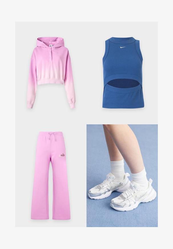 Sudadera cropped en ombré rosa a blanco con mangas largas, tapeta abotonada, logo de Nike y capucha adjunta.; Top corto sin mangas azul de Nike con cuello alto y abertura en el abdomen, tela acanalada y logo Swoosh blanco en el centro delantero.; Pantalones deportivos rosas con un ajuste relajado, fabricados con un material suave. Presentan un logo de Nike bordado en un color contrastante. Cintura con cordón ajustable.; Zapatillas deportivas blancas con superposiciones de malla y sintéticas, con un logo plateado de Nike, acompañadas de calcetines blancos acanalados sobre una superficie azul.
