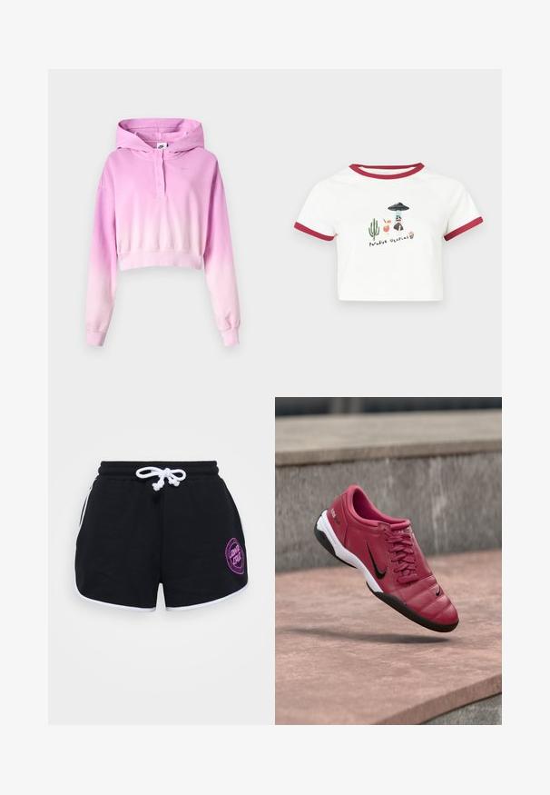 Roosast valgeni udusäras lühike dressipluus pikkade varrukatega, nööbitava plakeeringu, Nike logoga ja külge õmmeldud kapuutsiga.; Valge lühike t-särk punase ääristusega, millel kujutatud kaktused, puuviljad ja mänguline tekst "Paradise Utopias". Pehme puuvillane kangas.; Mustad musta värvi puuvillased püksikud, millel on valge pael, valge äär ning lilla ümmargune logo esimesel paremal küljel.; Punane sünteetiline spordijalats, millel on quiltitud muster, mustad aktsendid ja valge tald. Omab nööre ja pehmendusega pahkluuosa mugavuse tagamiseks.