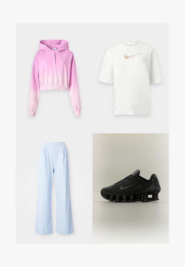 Pink-til-hvid ombré cropped hættetrøje med lange ærmer, knaplukning, Nike-logo og fastsat hætte.; Hvid T-shirt med korte ærmer og en metallisk roseguld Nike swoosh-logo centreret på brystet mod en lys grå baggrund.; Lyseblå bredbenede bukser med en glat tekstur, elastisk talje og plisserede detaljer på fronten. Fremstillet af et blødt stof.; Sort Nike-sneaker med lynlåsfunktion øverst og karakteristisk fjederlignende opdelt sål, vist i sideprofil mod en neutral baggrund.