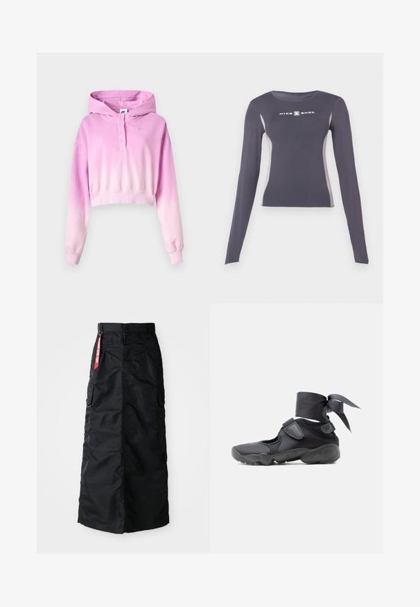 Roosast valgeni udusäras lühike dressipluus pikkade varrukatega, nööbitava plakeeringu, Nike logoga ja külge õmmeldud kapuutsiga.; Tumedast hall pikkade varrukatega sobiv sportlik topp heledate hallide külgmiste paneelidega ja valge "Nike Shox" logo rinnal.; Must muströöm muströöm koos esise nupu ja tõmblukuga, külgmiste cargo-kottidega ning punase "Eemalda enne lendu" kangast sildiga vöökohtadel.; Must sportlik kets lõhikute, takjakinnituste ja pahkluu ümber seotud paelaga, vaadatuna küljelt valgel taustal.
