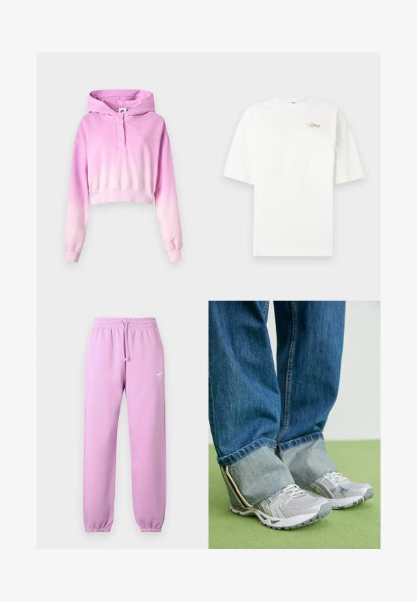 Ružovo-biely ombré krátky pulóver s kapucňou, dlhé rukávy, zapínanie na gombíky, logo Nike a pripevnená kapucňa.; Biely nadrozmerný tričko s krátkym rukávom s malým zlatým logom "Just Do It" na ľavej hornej časti hrudníka na jednoduchom pozadí.; Svetlofialové tepláky Nike s elastickým pásom, nastaviteľným šnúrkou, elastickými manžetami a bielym logom Nike swoosh na ľavom stehne.; Šedé športové topánky z priedušného materiálu s bielymi akcentmi, v kombinácii s modrými rifľovými nohavicami, ktoré sú na členkoch ohnuté.