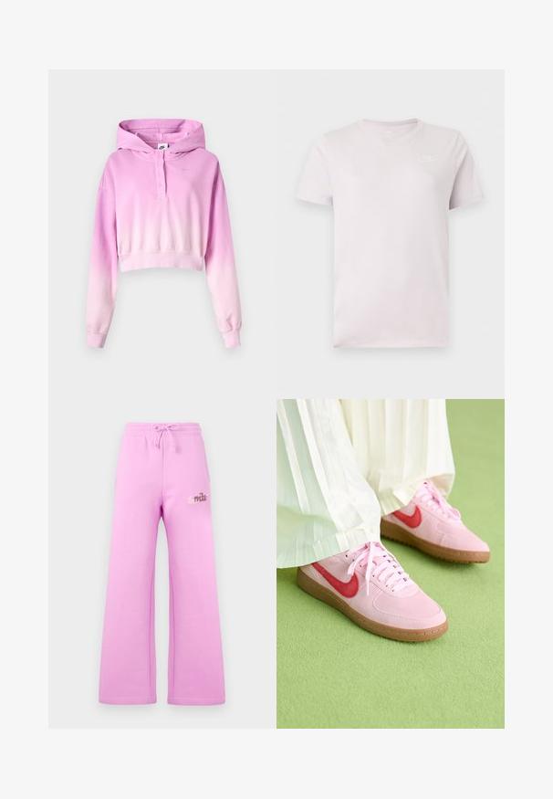 Roze-wit ombre cropped hoodie met lange mouwen, knoopsluiting, Nike-logo en aangehechte capuchon.; Lichtroze Nike T-shirt met korte mouwen, ronde hals en klein wit Nike-logo op de linkerborst.; Roze sweatpants met een relaxte pasvorm, gemaakt van zacht materiaal. Voorzien van een geborduurd Nike-logo in een contrasterende kleur. Taille met trekkoord.; Roze suède sportschoenen met een rood logo en bijpassende veters. De zool is van lichtbruin rubber. Draag ze met witte geplooide broeken op een groene ondergrond.