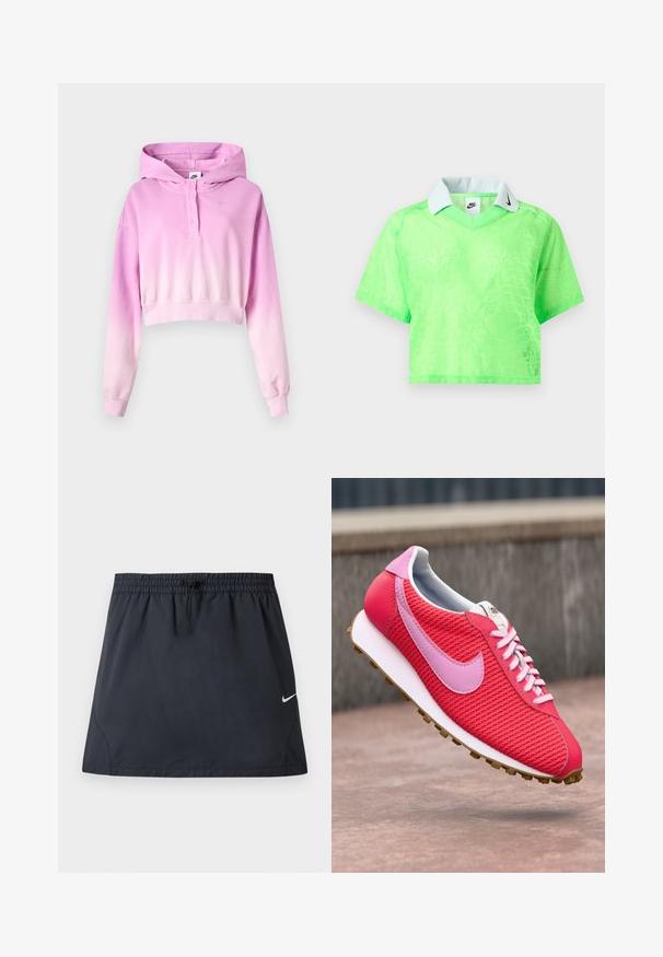 Pink-til-hvid ombré cropped hættetrøje med lange ærmer, knaplukning, Nike-logo og fastsat hætte.; Neongrøn kortærmet croptop med subtilt mønster, hvid krave og sort Nike swoosh-logo på kraven og indvendig mærkat.; Sort atletisk nederdel med elastisk taljebånd og justerbar snøre, med en lille hvid Nike swoosh-logo på højre side.; Lys pink og rød strikket sneakers med lyserød logo og snørebånd, hvid sål og brun bund flyvende over en betonoverflade.