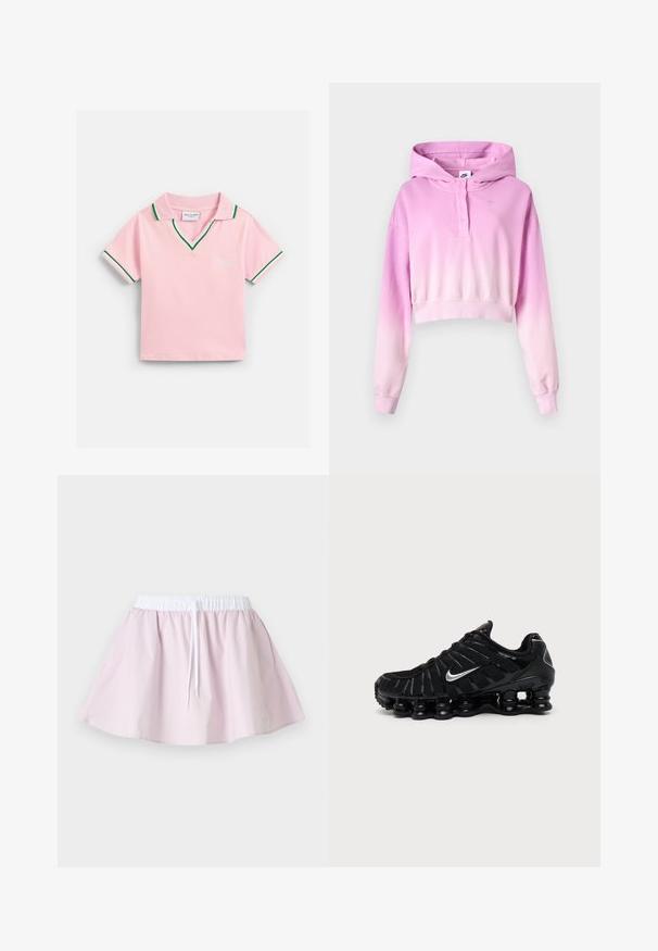 Ružovo-biely ombré krátky pulóver s kapucňou, dlhé rukávy, zapínanie na gombíky, logo Nike a pripevnená kapucňa.; Ružové polo tričko s krátkymi rukávmi so zeleným a bielym lemovaním na golieri a rukávoch, na prsiach vyšívaný nápis "Juicy".; Svetloružová sukňa áčkového strihu s bielym elastickým pásom a šnúrkou, zobrazená na svetlom rovnomernom pozadí.; Čierna Nike športová obuv so strieborným logom Swoosh, sieťovinovým a syntetickým zvrškom a výraznou segmentovanou podrážkou s poduškami.
