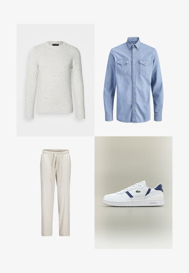Suéter blanco texturizado con patrón moteado, cuello redondo y puños acanalados. Fabricado en material de punto, con mangas largas.; Camisa de mezclilla azul claro de manga larga con botones a presión, cuello puntiagudo y dos bolsillos en el pecho con solapa y cierre de botón.; Pantalones beige de pierna recta con cintura elástica y cordón ajustable, hechos de tela ligera.; Zapatilla Lacoste blanca con acentos en azul marino, logo de cocodrilo verde, diseño de cordones y suela de marca sobre fondo neutro.