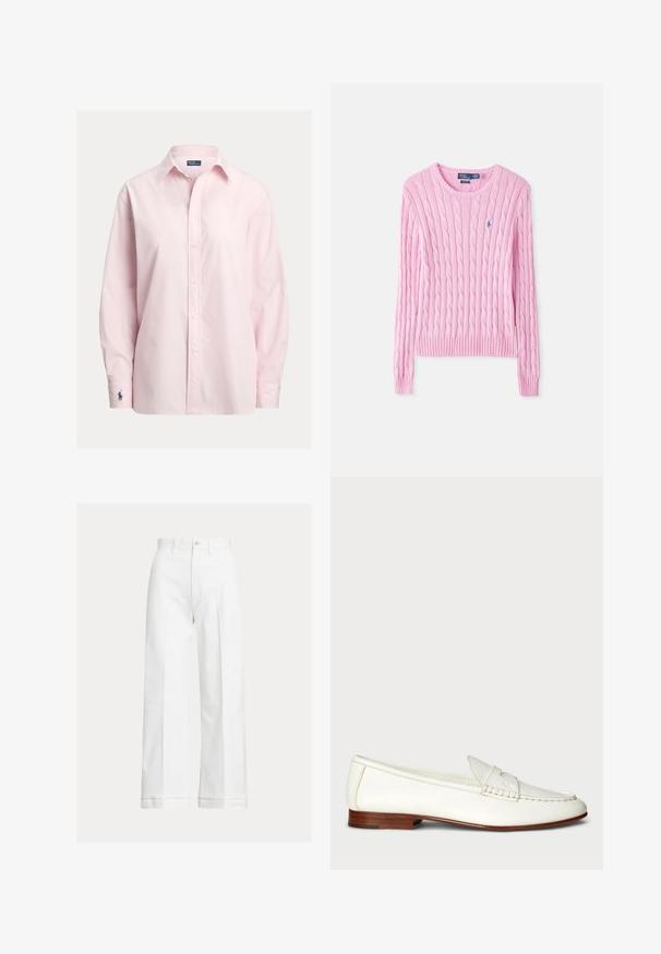 Suéter de punto trenzado en color rosa claro, con un escote redondo, puños acanalados y dobladillo. Incluye un pequeño logo bordado en el pecho.; Camisa rosa claro abotonada hecha de una suave mezcla de algodón, con cuello estándar, mangas largas y un pequeño logo bordado en el puño.; Pantalones blancos de pierna ancha hechos de algodón, con cintura alta, cierre de botones y líneas sutiles de pliegue que recorren la parte delantera.; Mocasin de cuero blanco con un acabado texturizado, punta redondeada y acento trenzado. Tacón bajo de madera y diseño minimalista.