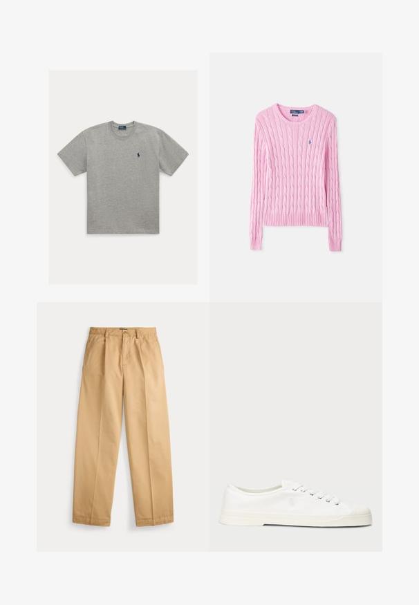 Suéter de punto trenzado en color rosa claro, con un escote redondo, puños acanalados y dobladillo. Incluye un pequeño logo bordado en el pecho.; Camiseta gris clara de manga corta con cuello redondo y pequeño logo bordado en azul oscuro de jugador de polo en el pecho izquierdo.; Pantalones beige de pierna recta con cierre de botón y cremallera, bolsillos delanteros, trabillas para cinturón y pliegues prensados a lo largo de las piernas.; Zapatilla de lona blanca con puntera redonda, cierre de cordones y un discreto detalle de logo. Presenta una tela texturizada y suela de goma.