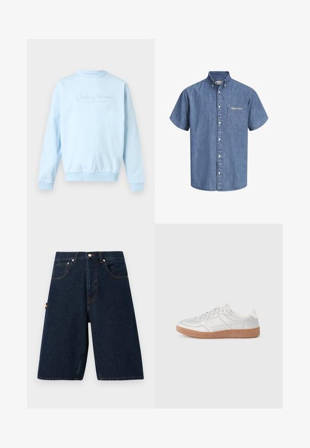 Lichtblauwe crewneck trui met lange mouwen en subtiele geborduurde tekst "Carlo Colucci" op de borst.; Blauw denim overhemd met korte mouwen, knoopsluiting en een borstzak aan de linkerkant met witte geborduurde tekst.; Donkerdenim shorts met een losse snit, vijf zakken en contrasterende oranje stiksels. Heeft een klassieke knoop- en ritssluiting.; Zilveren sneakers met een gladde textuur, vetersluiting, geperforeerde accenten en een gestructureerde bruine rubberen zool.