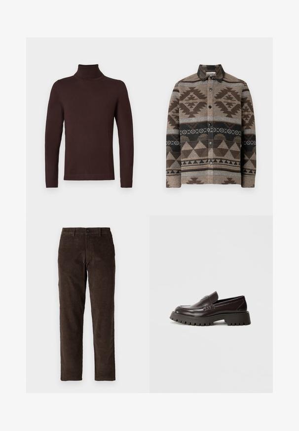 Donkere bruine turtleneck trui met lange mouwen en een slim fit, weergegeven op een effen witte achtergrond.; Bruine blouse van wol met geometrische patronen in donkerbruin, grijs en zwart. Voorzien van een kraag en knopen aan de voorkant.; Bruine corduroybroek met een recht model, voorzien van een knoopsluiting aan de voorkant en standaard riemlussen. Soepele textuur en een klassieke snit.; Bordeauxrode leren loafers met een dikke rubberen zool, gevlochten detail aan de voorkant en een geperst logo op de hiel. Soepele textuur, strak ontwerp.