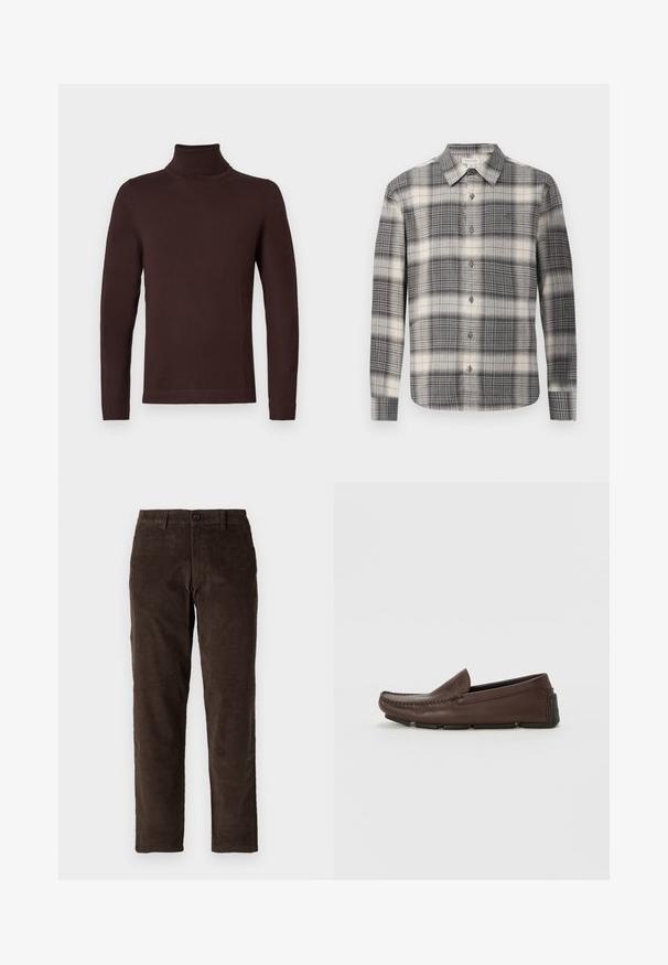Donkere bruine turtleneck trui met lange mouwen en een slim fit, weergegeven op een effen witte achtergrond.; Langearmige geruite shirt in zwart en crème. Voorzien van een knoopsluiting aan de voorkant, klassieke kraag en een gevarieerd ruitpatroon. Zachte stoftextuur.; Bruine corduroybroek met een recht model, voorzien van een knoopsluiting aan de voorkant en standaard riemlussen. Soepele textuur en een klassieke snit.; Bruine leren instappers met een moccasin-achtige stijl, voorzien van gestikte details en een rubbere zool voor grip.