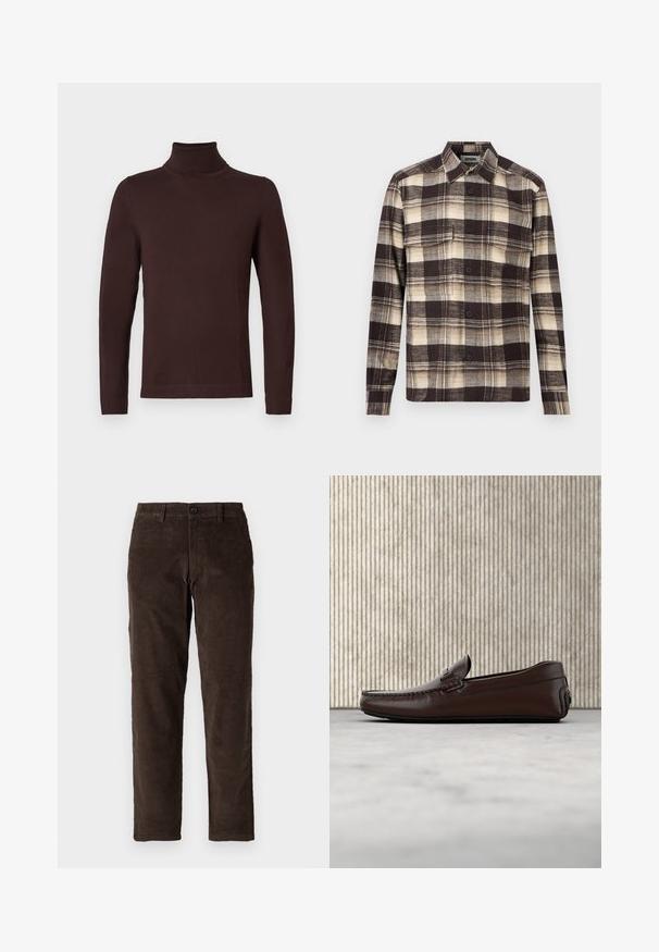 Mørkebrun langærmet turtleneck-sweater med slim fit, vist på en ensfarvet hvid baggrund.; Flannelskjorte med knapper foran i brun, beige og creme ternet mønster, lange ærmer, to brystlommer og en krave.; Brune fløjl bukser med lige ben design, der har en frontlukning med knap og standard bæltestropper. Glat tekstur og klassisk snit.; Brune lædersandaler med en glat overflade, mokkasin-lignende syninger, hævet tå og en lav, fleksibel gummisål.
