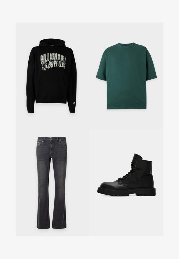 Sort hættetrøje med "Billionaire Boys Club" grafik i hvid med astronautdetalje, kengurulomme og ribbede manchetter.; Mørkegrøn kortærmet t-shirt med rund hals, løs pasform og synlig syning ved halsudskæringen på en ensfarvet baggrund.; Sorte denimbukser med en flared design, fem lommer og metalknaplukning. Stoffet har en glat tekstur med subtil slid.; Sorte læder lace-up kampstøvle med tyk gummisål, metaløjer og branddetalje på hælen og tungen, set fra siden på hvid baggrund.