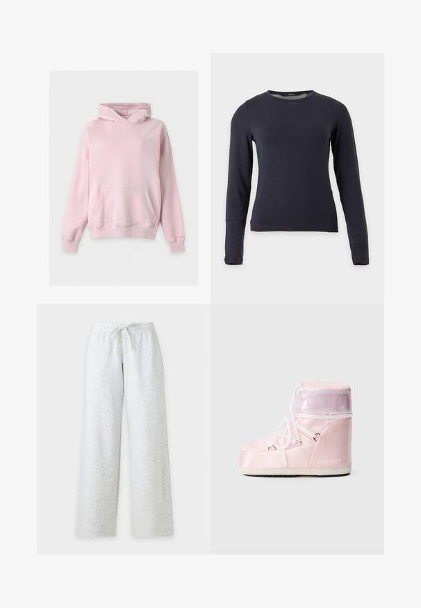 Sweat à capuche rose clair avec poche avant et manches longues, en tissu doux, présenté sur fond blanc.; T-shirt uni bleu marine foncé à manches longues avec col rond et coupe ajustée sur fond blanc.; Pantalon de survêtement gris clair avec taille à cordon, bande élastique et jambes larges, présenté sur un fond blanc uni.; Bottines Moon Boot rembourrées roses avec des lacets blancs enroulés, semelle épaisse et bande transparente avec le texte "Moon Boot" près du haut.
