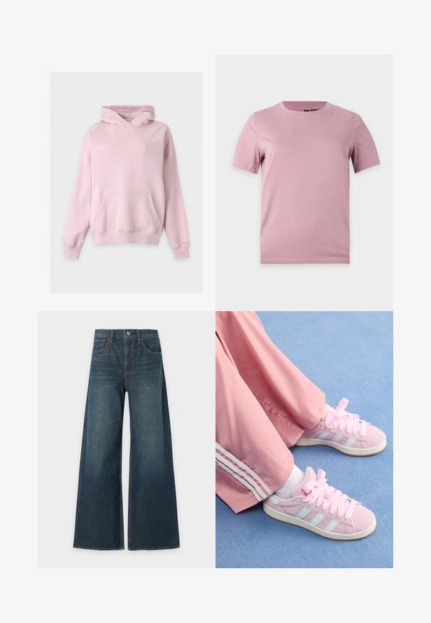Lichtroze hoodie met voorzak en lange mouwen, gemaakt van zacht materiaal, getoond op een witte achtergrond.; Effen zachtroze katoenen T-shirt met korte mouwen en ronde halslijn, weergegeven op een vlakke lichtgrijze achtergrond.; Wijde blauwe spijkerbroek met vijf zakken, knoopsluiting en zichtbare bruine stiksels, plat weergegeven op een witte achtergrond.; Roze sportieve schoenen met lichtblauwe strepen, ronde neuzen en dikke roze veters, gecombineerd met roze trainingsbroeken met witte zijstrepen.