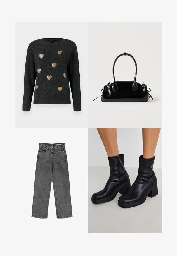 Dunkelgrauer gestrickter Pullover mit goldenen Pailletten-Herzmustern, die über die Vorderseite verteilt sind. Rundhalsausschnitt und lange Ärmel.; Schwarze, hoch taillierte, gewaschenen Straight-Leg-Jeans mit Fronttaschen, Gürtelschlaufen, Knopfverschluss und einem markierten Innenbund-Label.; Schwarze Leder-Ankle-Boots mit hohem Blockabsatz, seitlichem Reißverschluss, glatter Textur und spitz zulaufendem Design.; Kleine schwarze glänzende Handtasche mit zwei langen Griffen und seitlichen Kordelzug-Details vor einfachem hellem Hintergrund.