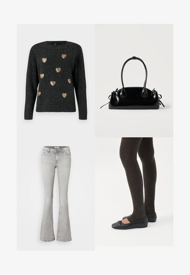 Donkergrijze gebreide trui met gouden pailletten hartpatronen verspreid over de voorkant. Ronde halslijn en lange mouwen.; Grijze denim jeans met een flared pasvorm, een aansluitende taille, vijf zakken en een lichte vervaging. Voorzien van een knoopsluiting en gestikte zoom.; Benen met donkere geribbelde leggings gecombineerd met zwarte ballerina's met kleine strikdetails op een witte achtergrond.; Kleine zwarte glanzende handtas met twee lange hengsels en zijkant trekkoord details op een effen lichte achtergrond.