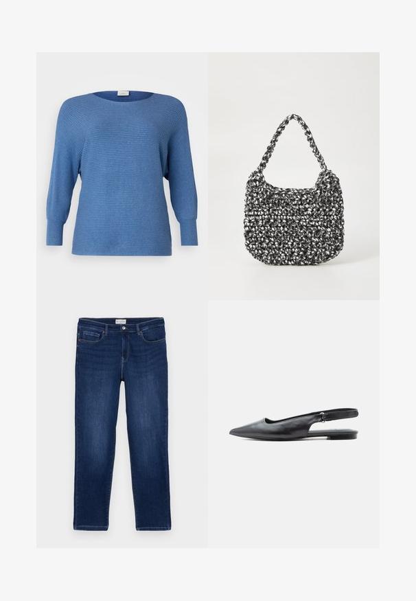 ONLY Carmakoma CARNEW ADALINE LIFE LS PULLOVER KNT NOOS - Trui - coronet blue melange; Donkerblauwe spijkerbroek met een rechte snit, vijf-pocket ontwerp, zichtbare stiksels en een metalen knoopsluiting bij de tailleband.; Zwart leren platte schoen met spitse neus, slingback en lage hak met verstelbare riem op lichte achtergrond.; Geweven handtas in zwart en wit met een ronde vorm, gestructureerd oppervlak en een gevlochten handvat. Geschikt voor dagelijks gebruik.
