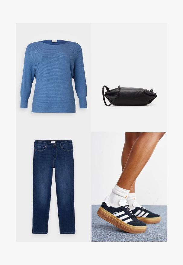 ONLY Carmakoma CARNEW ADALINE LIFE LS PULLOVER KNT NOOS - Džemper - coronet blue melange; Tumed sinised teksad, sirge lõikega, viie-tasku disainiga, nähtava õmblusega ja metallnööbiga vöökohal.; Jalad valgete sokkide ja mustade Adidas Gazelle tossudega, millel on valged triibud ja paksud pruunid tallad, halli vaibaga põrandal.; Musthave musta nahkklamber, millel on ristkülikukujuline kuju, sile tekstuur, õhuke õlavarre rihm ja minimalistlik disain.