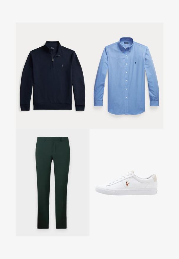 Tmavomodrý pulóver s dlhým rukávom, štvrťovým zipsom, stojačikovým golierom a malým vyšívaným logom Polo Ralph Lauren na ľavej strane hrude.; Svetlomodrá dlhá košeľa s gombíkmi a golierom na gombíky, s vyšitým logom Polo Ralph Lauren na hrudi.; Tmavozelené nohavice so strihom priamo na nohe, vyrobené z hladkej tkaniny. Disponujú plochým predným dielom a štandardným pásom s pútkami na opasok.; Biele plátenné tenisky s nízkym strihom, ktoré majú béžový opasok na päte a malé vyšívané logo na boku. Gumová podrážka.