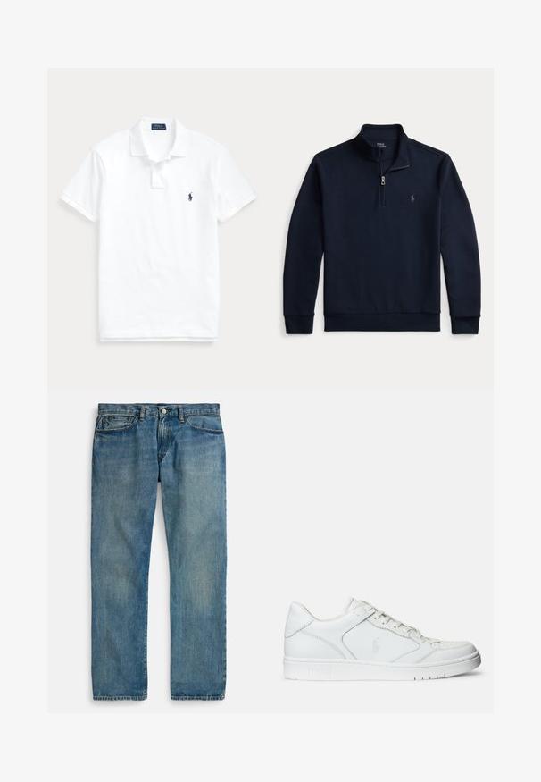 Mørkeblå langærmet pullover med kvartlynlås, opretstående krave og lille broderet Polo Ralph Lauren-logo på venstre bryst.; Hvid polo t-shirt med korte ærmer, krave, to-knaps lukning og lille mørkeblå logo på venstre bryst.; Lyseblå denimjeans med lige ben, der har fem lommer, lukning med knap og diskret falmet effekt for tekstur.; Hvide lædersneakers med en glat tekstur, der har en perforeret tå, snørebåndslukning og broderet logo på siden. Hvid gummisål.