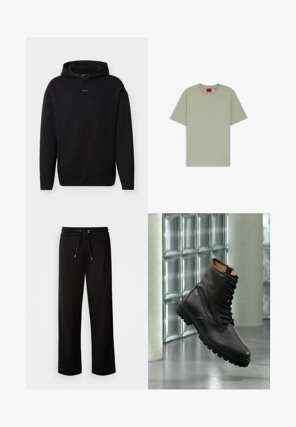 Schwarzer Kapuzenpullover mit langen Ärmeln und kleinem "BOSS"-Logo mittig auf der Brust vor weißem Hintergrund.; Hellgrünes T-Shirt mit kurzen Ärmeln und Rundhalsausschnitt, mit kleinem weißem "HUGO"-Logo auf der Brust und rotem Innenetikett am Kragen.; Schwarze, lockere Sweatpants aus weichem Stoff, mit einem elastischen Bund und Zugband sowie seitlichen Taschen.; Schwarzer Leder-Schnürkampfstiefel mit dicker Sohle, goldenem "HUGO"-Logo an der Seite, präsentiert in modernem Innenraum mit Glasbausteinwand im Hintergrund.