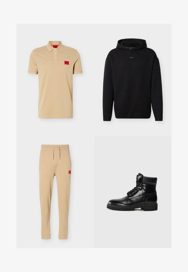 Sweat-shirt à capuche noir à manches longues avec un petit logo "BOSS" centré sur la poitrine, sur fond blanc.; Polo beige à manches courtes avec trois boutons, un col et des poignets côtelés, et des patchs logo "HUGO" rouges sur la poitrine et à l'intérieur du col.; Pantalon de survêtement beige fuselé avec taille élastique, cordon de serrage, poches latérales, poignets de cheville côtelés et patch logo rouge sur la cuisse droite.; Bottine en cuir noir avec une finition brillante, design à lacets, col rembourré et semelle en caoutchouc robuste avec des grips de traction.