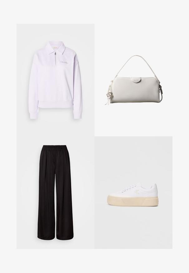 Pull-over violet clair avec col et fermeture à demi-fermeture éclair. Dispose de poignets et d'un ourlet côtelés, avec une broderie discrète du logo sur la poitrine.; Pantalon noir à jambes larges avec une taille élastique, doté de plis verticaux, d'une texture de tissu lisse et d'une silhouette décontractée.; Baskets blanches en toile avec une semelle plateforme beige épaisse, présentant un logo brodé discret sur le côté et un design classique à lacets.; Sac à main rectangulaire blanc Calvin Klein avec une seule poignée, design minimaliste et pampilles décoratives avec un charm métallique géométrique sur le côté.
