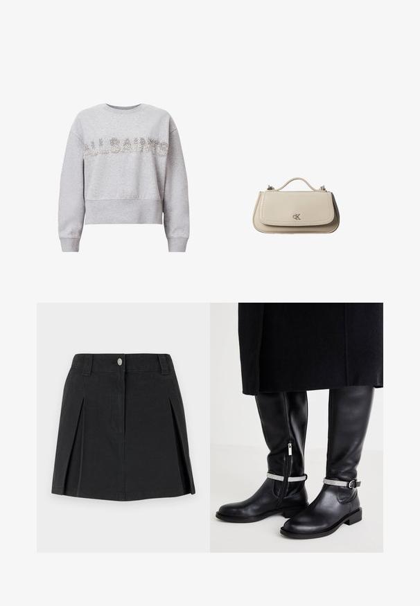 Grå cropped sweatshirt med lange ærmer. Har "ALLSAINTS" tekst i sølv rhinsten på forsiden. Blødt materiale med en tekstureret finish.; Sort denimskørt med folder, præget af knaplukning foran, bæltesløjfer og sidelommer. Glat tekstur og skræddersyet design.; Sorte læderknæhøje støvler med en sidelukning, der har et sølvfarvet accentbånd om anklen og en lav blokhæl.; Lille beige læderhåndtaske med top håndtag og sølv CK-logo på frontklap, vist mod en hvid baggrund.
