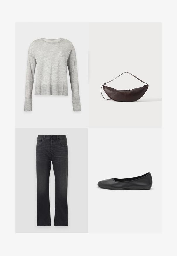 Lysegrå langærmet sweater med rund halsudskæring og en let løs pasform, vist på en ensfarvet lys baggrund.; Sorte denimjeans med lige ben, der har et klassisk fem-lomme design, knaplukning og subtilt slid på stoffet.; Sort læderballetsko med rund tå, glat tekstur, minimal syning og et fleksibelt såldesign.; Mørkebrun læder skuldertaske i halvmåneform med buet rem og synlige syninger på ensfarvet baggrund.