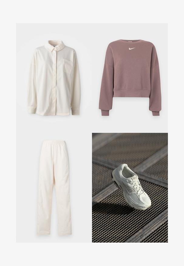 Sweat-shirt court violet en tissu doux, avec un col rond, des épaules tombantes et un petit logo Nike blanc sur la poitrine.; Chemise à col blanc, à boutons, avec des rayures verticales, à manches longues, poche poitrine simple, en tissu lisse avec une texture douce.; Pantalon couleur crème à taille élastique et coupe droite, de coupe ample, présenté sur un fond blanc uni.; Baskets de course Nike blanches avec une tige en maille et synthétique reposant sur un revêtement de sol en grille métallique, sous une lumière naturelle douce.