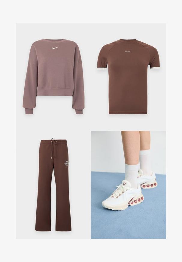 Sudadera corta de color púrpura hecha de tela suave, con cuello redondo, hombros caídos y un pequeño logo blanco de Nike en el pecho.; Camisa marrón de manga corta hecha de tela suave con un cuello alto y detalles blancos en los puños de las mangas, con un pequeño logotipo en el pecho.; Pantalones deportivos marrones hechos de tela suave, con cintura ajustable con cordón, piernas anchas y un logo sutil impreso en blanco en el muslo izquierdo.; Zapatillas deportivas blancas con un upper texturizado, que presentan un acento rosa en los cordones y grandes burbujas de aire en la suela.