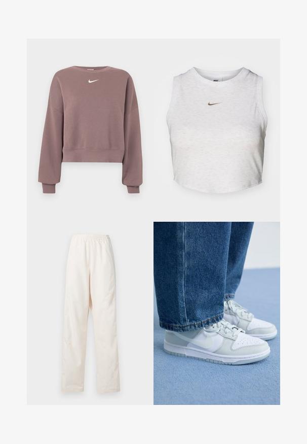 Lila verkürztes Sweatshirt aus weichem Stoff, mit rundem Ausschnitt, überschnittenen Schultern und kleinem weißem Nike-Logo auf der Brust.; Weißes Crop-Top aus weichem, strukturiertem Stoff. Verfügt über einen runden Ausschnitt und einen ärmellosen Schnitt mit einem kleinen goldenen Nike-Logo auf der Vorderseite.; Locker sitzende, crèmefarbene Hose mit elastischem Bund und geradem Beinschnitt, vor einem einfarbigen weißen Hintergrund präsentiert.; Nike Sneaker aus weißem und hellgrauem Leder mit perforierter Zehenpartie, flachen Schnürsenkeln und Gummisohle, kombiniert mit blauen Jeans.