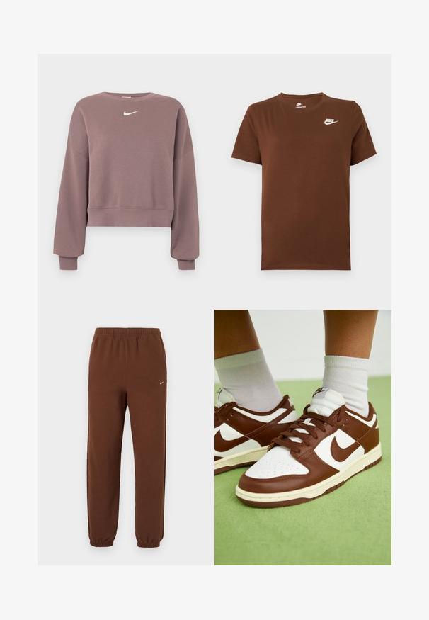 Fialová krátka mikina vyrobená z mäkkej tkaniny, so zaobleným výstrihom, spustenými ramenami a malým bielym logom Nike na hrudi.; Hnedé tričko krátky rukáv Nike s bielym logom Nike na ľavej strane hrude a okrúhlym výstrihom, zobrazené na jednoduchom pozadí.; Hnedé Nike tepláky s elastickým pásom a manžetami, s malým bielym logom Nike na hornej ľavej nohe.; Hnedé a biele kožené tenisky s perforovanou špičkou, textúrovanými akcentmi a plochými šnúrkami. Model má nízkoprofilový dizajn a gumovú podrážku.