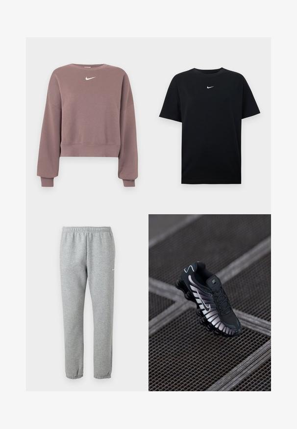 Lila verkürztes Sweatshirt aus weichem Stoff, mit rundem Ausschnitt, überschnittenen Schultern und kleinem weißem Nike-Logo auf der Brust.; Schwarzes Baumwoll-T-Shirt mit Rundhalsausschnitt und kurzen Ärmeln. Verfügt über ein kleines weißes Nike-Logo, das mittig auf der Brust platziert ist. Glatte Textur.; Hellgraue Nike-Sweathose mit elastischem Bund und Bündchen, kleines weißes Nike-Swoosh-Logo am oberen linken Oberschenkel.; Schwarzer Sportschuh mit strukturiertem Mesh-Obermaterial, silbernen Akzenten, Fußgewölbeunterstützung und gepolsterter Sohle mit auffälligem segmentiertem Design.