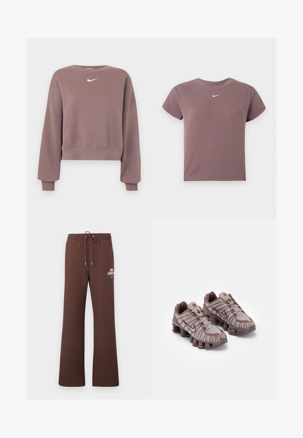 Sudadera corta de color púrpura hecha de tela suave, con cuello redondo, hombros caídos y un pequeño logo blanco de Nike en el pecho.; Camiseta corta de manga corta en color malva con cuello redondo y pequeño logo blanco de Nike centrado debajo del escote.; Pantalones deportivos marrones hechos de tela suave, con cintura ajustable con cordón, piernas anchas y un logo sutil impreso en blanco en el muslo izquierdo.; Nike Sportswear SHOX TL - Zapatillas - pumice/night maroon/plum eclipse