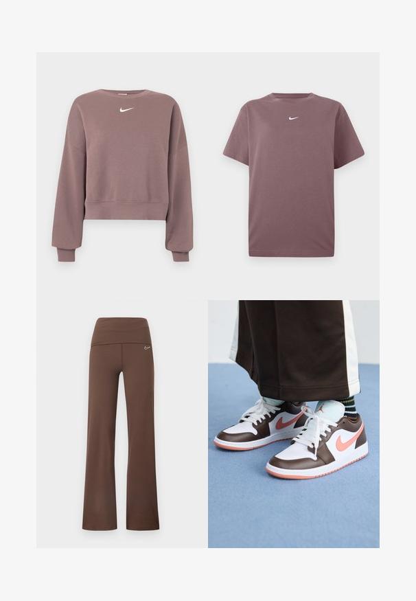 Sweat-shirt court violet en tissu doux, avec un col rond, des épaules tombantes et un petit logo Nike blanc sur la poitrine.; T-shirt à col rond mauve uni à manches courtes avec un petit logo Nike blanc centré sur la poitrine, présenté sur un fond blanc.; Pantalon d'entraînement marron évasé avec une large ceinture, fabriqué en tissu extensible, et doté d'un petit logo Nike blanc sur la hanche.; Baskets Nike Air Jordan blanches et brunes avec des accents roses, présentant un design basse, des lacets blancs et une semelle en caoutchouc texturée.