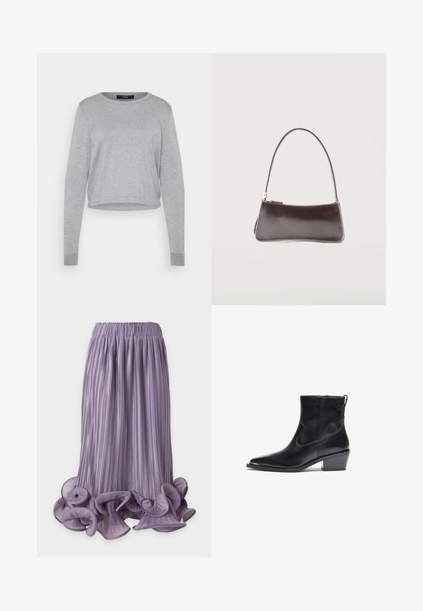 Grijze sweater met ronde kraag, lange mouwen, cropped design, zachte textuur, ribgebreide cuffs en zoom. Etiketten zichtbaar op de binnenste halslijn.; Lavendelgekleurde geplooide midirok met gerimpelde, gekrulde zoom en elastische tailleband op een effen achtergrond.; Zwarte leren enkelboot met een spitse neus en een lage blokhak. Heeft een zijrits en minimale stiksels voor een stijlvolle uitstraling.; Kleine rechthoekige donkerbruine leren handtas met een enkele riem en een goudkleurige ritssluiting.