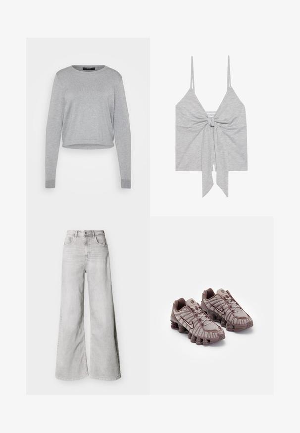 Grå sweater med rund hals, lange ærmer, cropped design, blød tekstur, ribbede manchetter og kant. Etiketter synlige på den indre halsudskæring.; Grå cropped top med spaghettistropper og en knude detalje foran. Blødt, let stof med en glat tekstur og lige nederkant.; Lysegrå jeans med vid ben lavet af denim, med høj talje, forlommer og knaplukning. Glat tekstur med et diskret falmet look.; Nike Sportswear SHOX TL - Sneakers - pumice/night maroon/plum eclipse