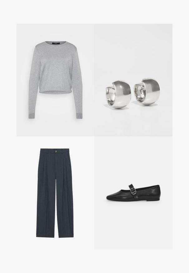 Pull gris à col rond, manches longues, design cropped, texture douce, poignets et ourlet côtelés. Étiquettes visibles sur le col intérieur.; Pantalons larges en tissu texturé gris foncé, avec des plis avant, une fermeture à bouton et des poches latérales pour plus de fonctionnalité.; Chaussure plate en cuir noir avec un bout arrondi, une seule sangle réglable à boucle et une texture lisse et brillante. Design minimaliste avec un petit talon.; Uncommon Matters SCULPTURAL LARGE CREOLE - Boucles d'oreilles - silver-coloured