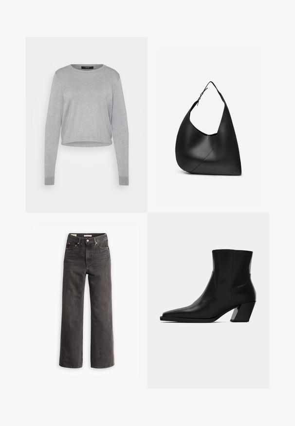 Suéter gris de cuello redondo, de mangas largas, diseño corto, textura suave, con puños y dobladillo acanalados. Etiquetas visibles en el cuello interior.; Jeans de tiro alto y pierna ancha en denim gris oscuro, con bolsillos frontales, remaches de cobre en contraste y un acabado limpio sin adornos.; Bota de tobillo de cuero negro con punta afilada, una silueta elegante y un tacón cuadrado grueso. Textura suave con detalles de costura mínimos.; Bolso de hombro de cuero negro con forma triangular curva, una única correa ajustable y una costura diagonal visible en el frente.