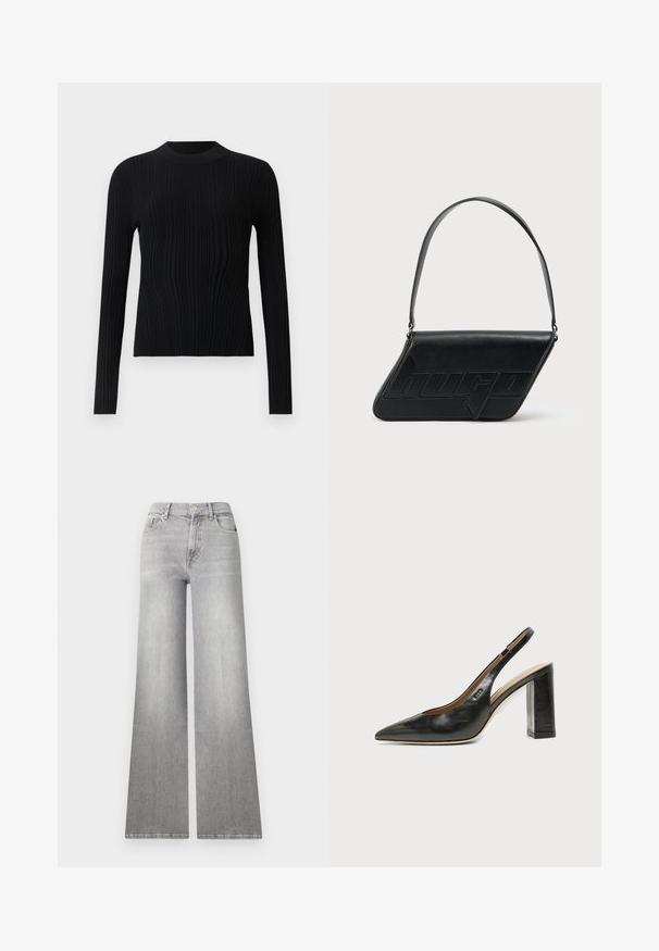 Sort ribbet langærmet sweater med høj hals, tætsiddende silhuet og fin vertikal strik tekstur.; Bredde ben grå denim jeans med en falmet finish, frontlomme og knaplukning. Har lige ben og klassisk kant.; Sort læder peep-toe slingback sko med høj blokhæl og beige indvendig foring mod en ensfarvet lys baggrund.; Sort skuldertaske i læder med trekantet form, præget logo og en enkelt justerbar rem. Minimalistisk design med glat tekstur.