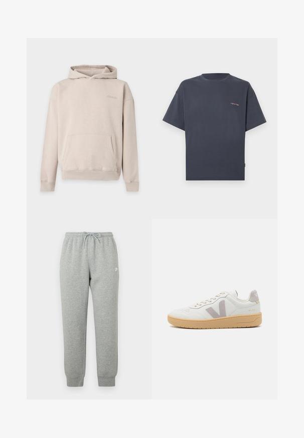 Sudadera con capucha beige con bolsillo canguro frontal y logo sutil en la parte superior del pecho, mostrada sobre un fondo claro y liso.; Camiseta de manga corta y cuello redondo en gris oscuro con pequeño detalle de texto naranja en la parte superior izquierda del pecho, mostrada sobre un fondo claro y sencillo.; Pantalones deportivos grises hechos de tela suave, con cintura elástica y cordón, piernas ajustadas y un pequeño logo blanco en el costado.; Zapatilla de cuero blanco con acentos de ante gris, cierre con cordones, puntera perforada y suela de goma beige. Presenta el logo en el talón.